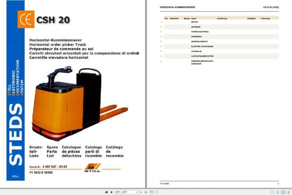 Still Horizontal Order Picker Truck CSH 20 1032 Spare Parts List DE 1