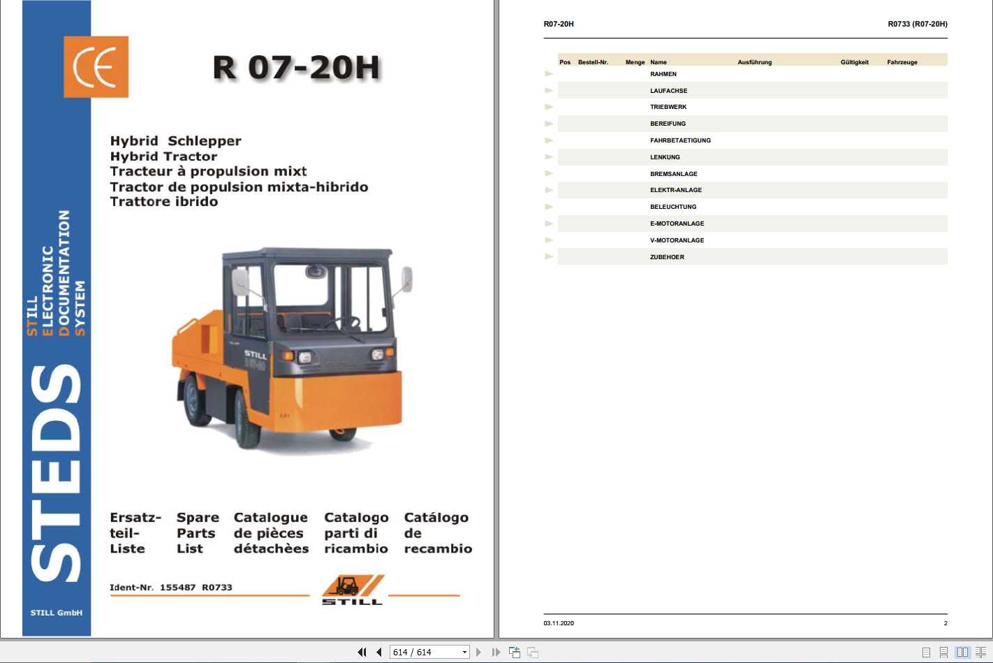 Still Hybrid Tractor R07 20H Spare Parts Lists DE 1