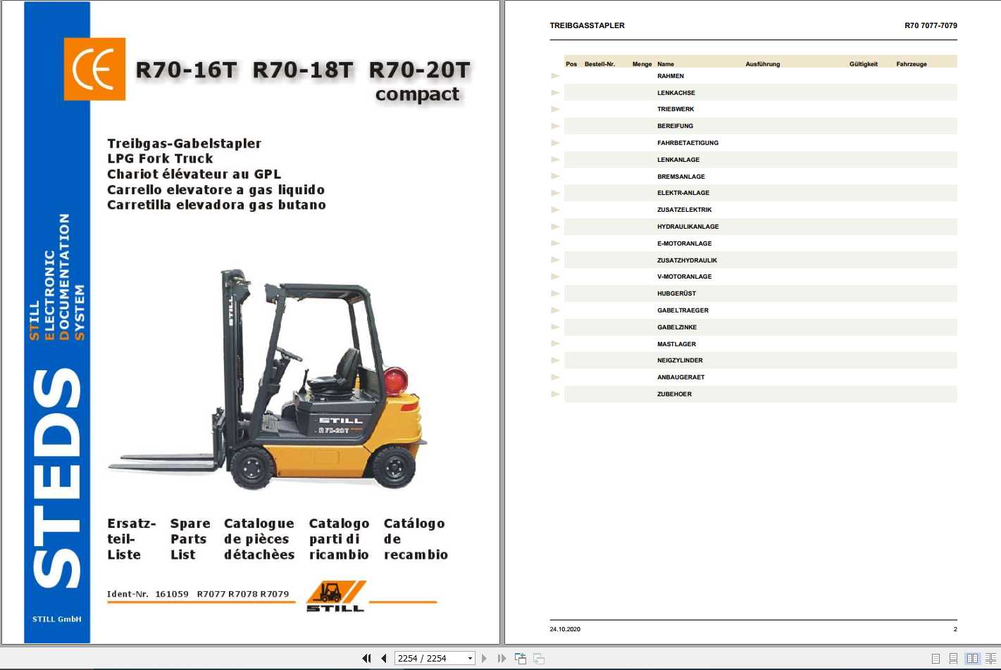 Still LPG Fork Truck R70 16T R70 18T R70 20T 7077 7079 Spare Parts List DE 1