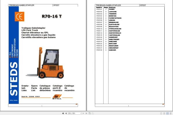 Still LPG Fork Truck R70 16T R7037 Spare Parts List DE 1