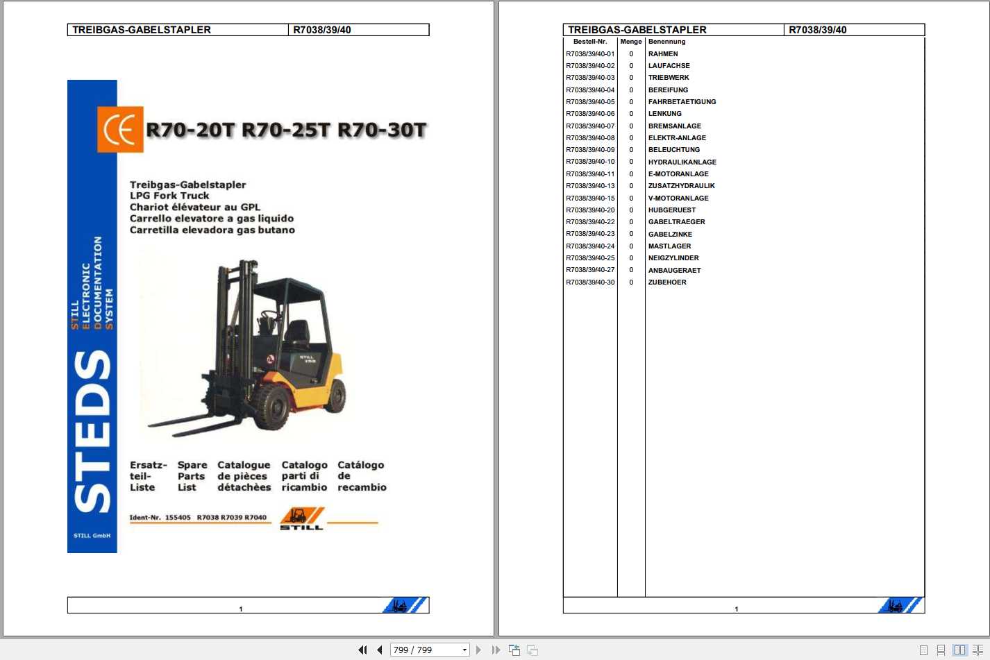 Still LPG Fork Truck R70 20T R70 25T R70 30T R7038 R7040 Spare Parts List DE 1