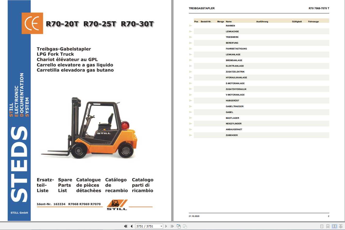 Still LPG Fork Truck R70 20T R70 25T R70 30T R7068 R7070 Spare Parts List DE 1