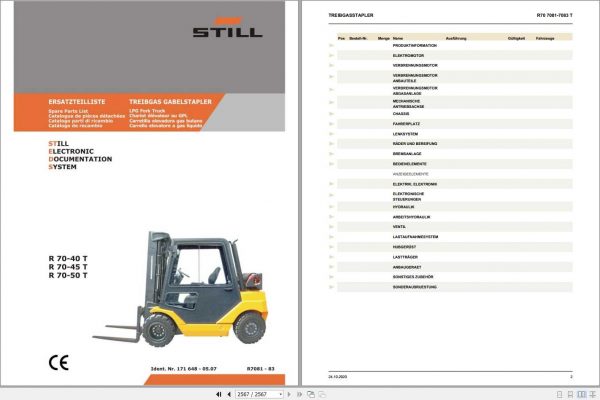 Still LPG Fork Truck R70 40T R70 45T R70 50T 7081 7083 Spare Parts List DE 1