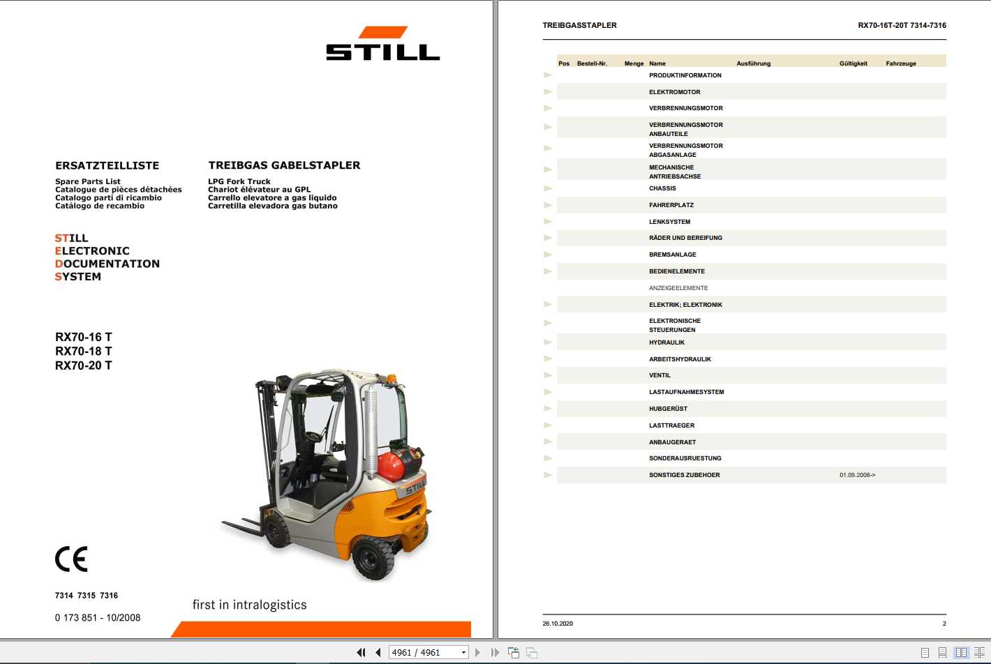 Still LPG Fork Truck RX70 16T RX70 18T RX70 20T 7314 7316 Spare Parts List DE 1