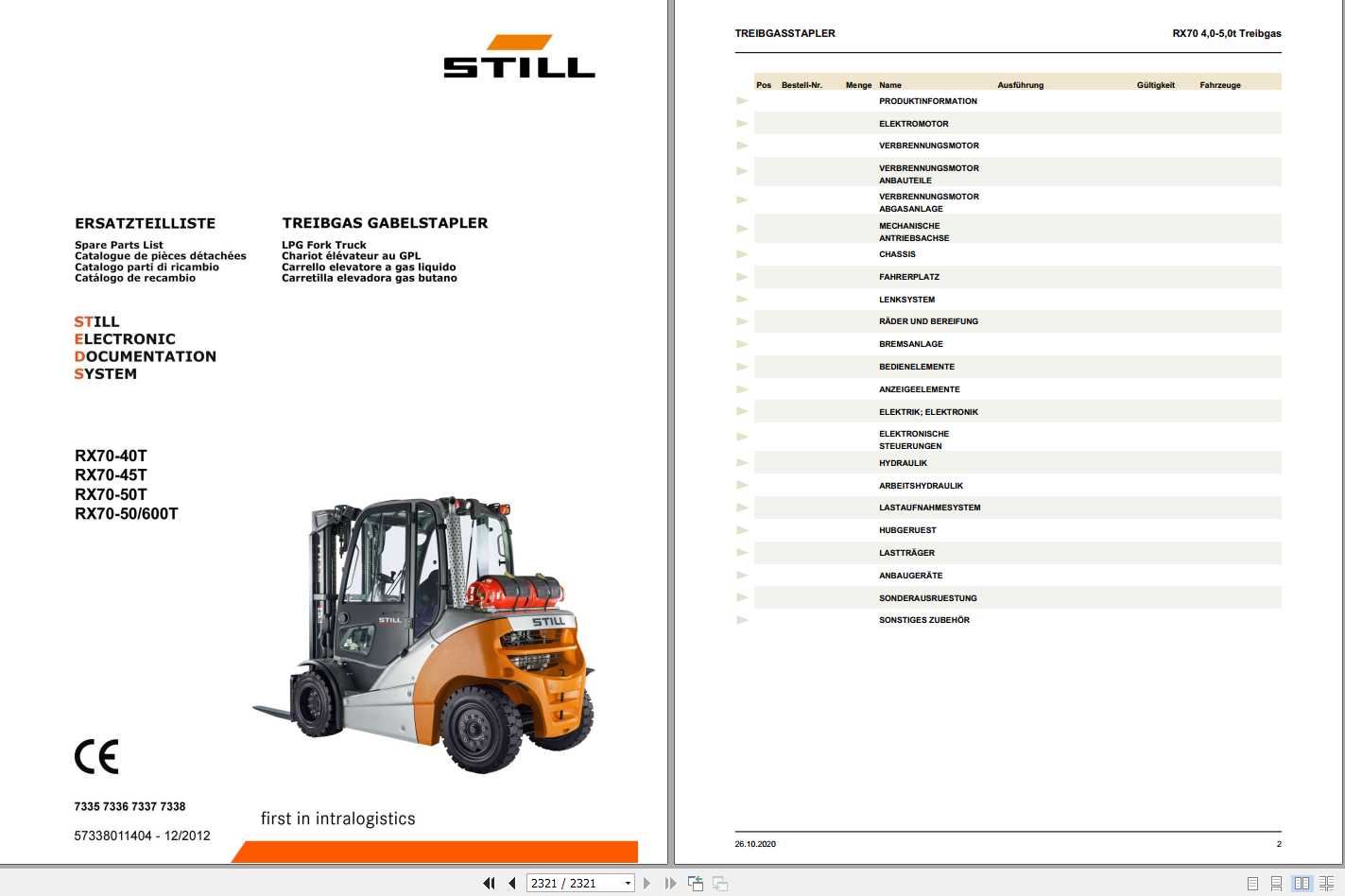 Still LPG Fork Truck RX70 40T RX70 45T RX70 50T 7335 7338 Spare Parts List DE 1