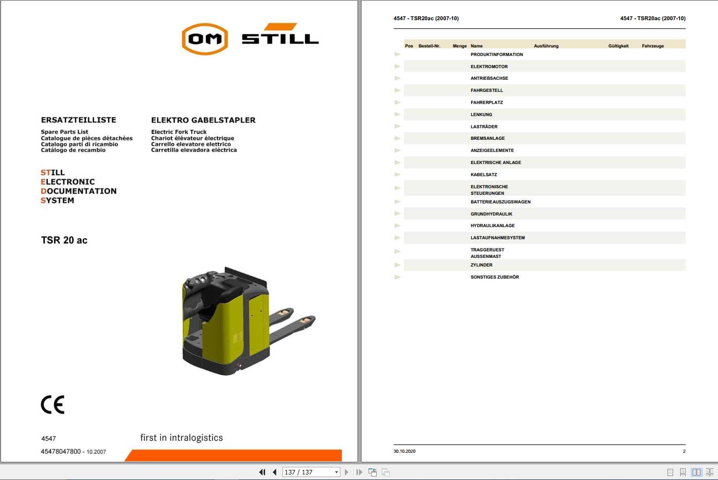 Still OM Pimespo Electric Fork Truck TSR20ac Spare Parts List DE 1