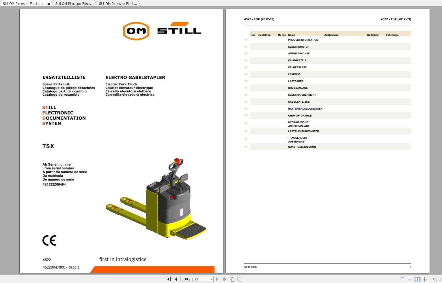 Still OM Pimespo Electric Fork Truck TSX Spare Parts List DE 1