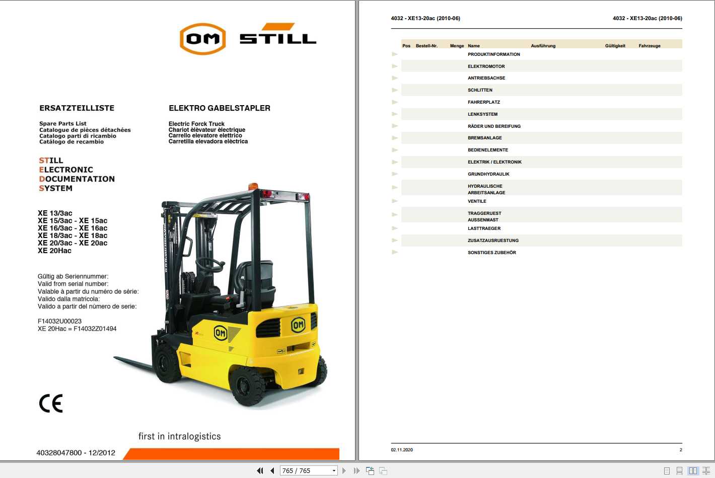 Still OM Pimespo Electric Forklift XE13ac XE20ac Spare Parts List DE 1