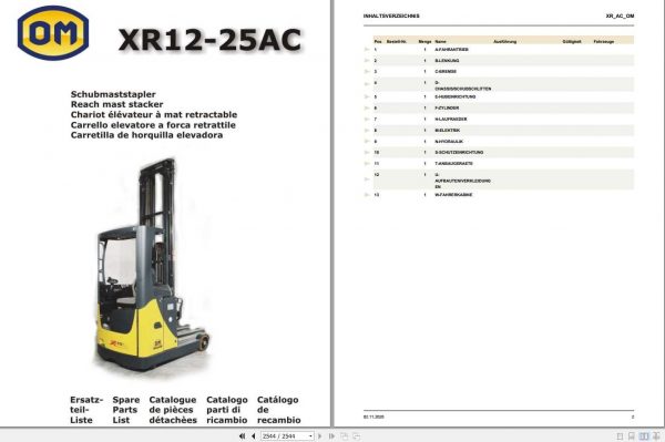Still OM Pimespo Electric Reach Truck XR AC Spare Parts List DE 1