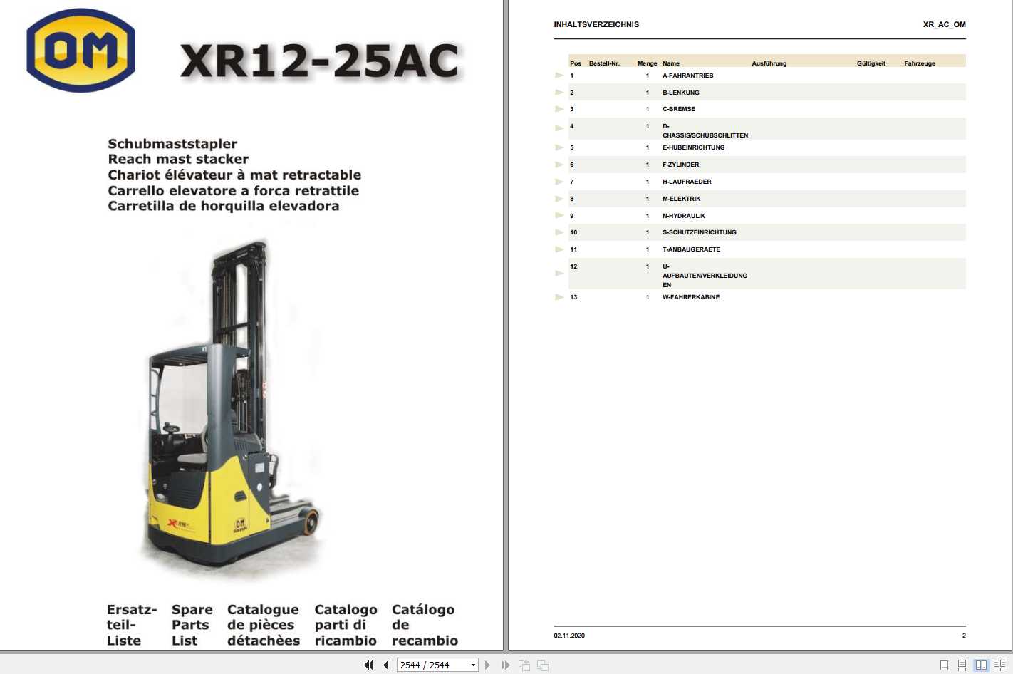Still OM Pimespo Electric Reach Truck XR AC Spare Parts List DE 1