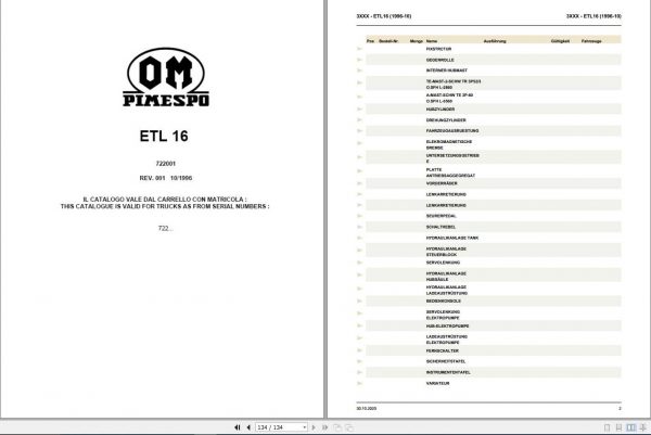 Still OM Pimespo Electric Side Loader Forklift ETL16 Spare Parts List DE 1