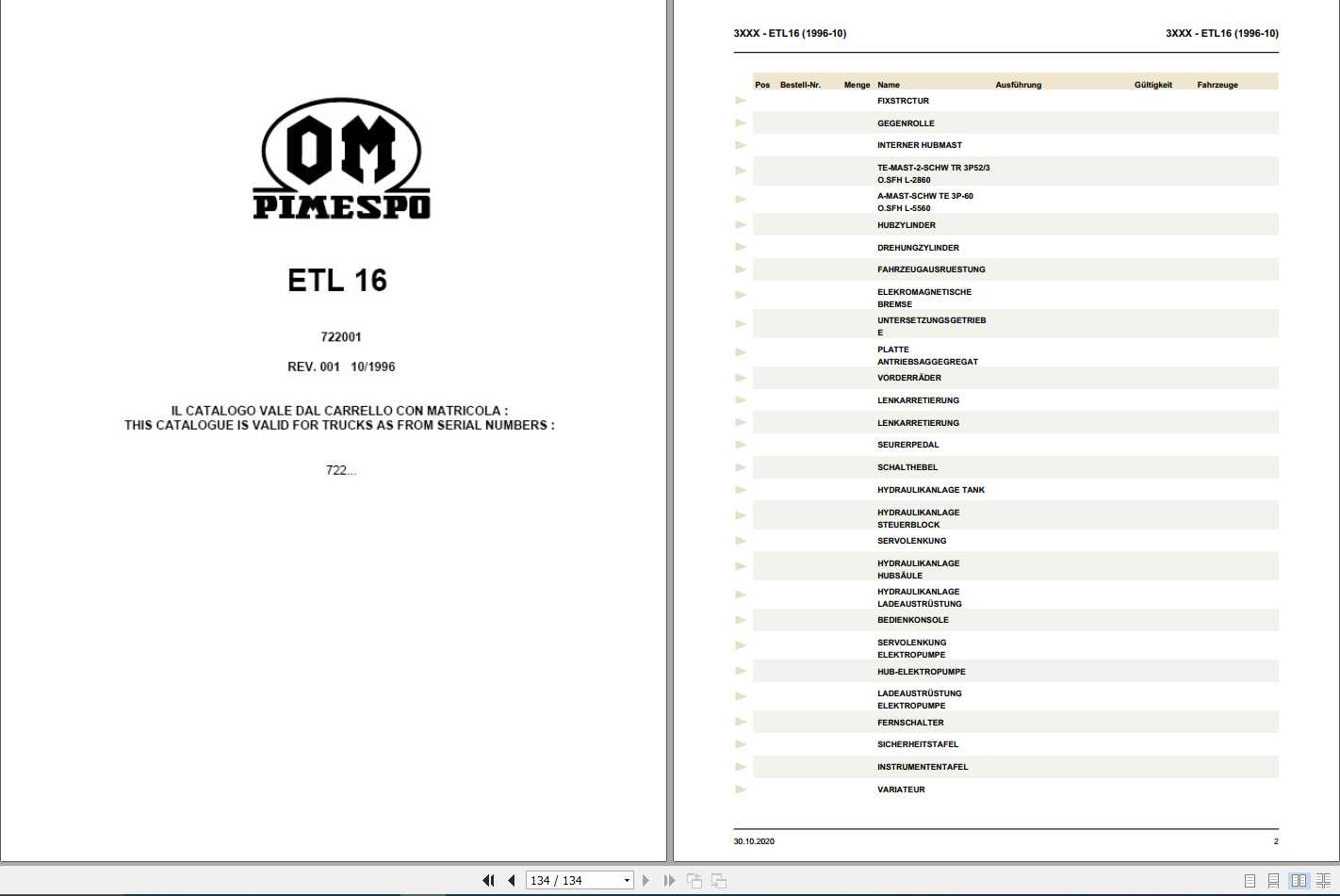 Still OM Pimespo Electric Side Loader Forklift ETL16 Spare Parts List DE 1