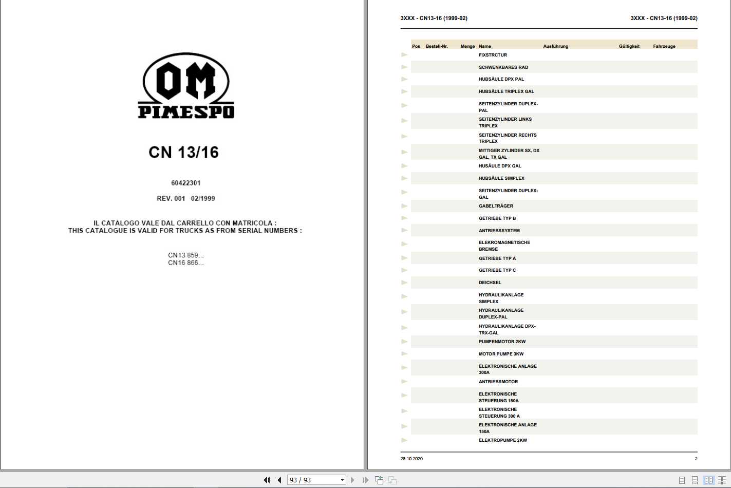 Still OM Pimespo Fork Truck CN 13 16 Spare Parts List DE 1