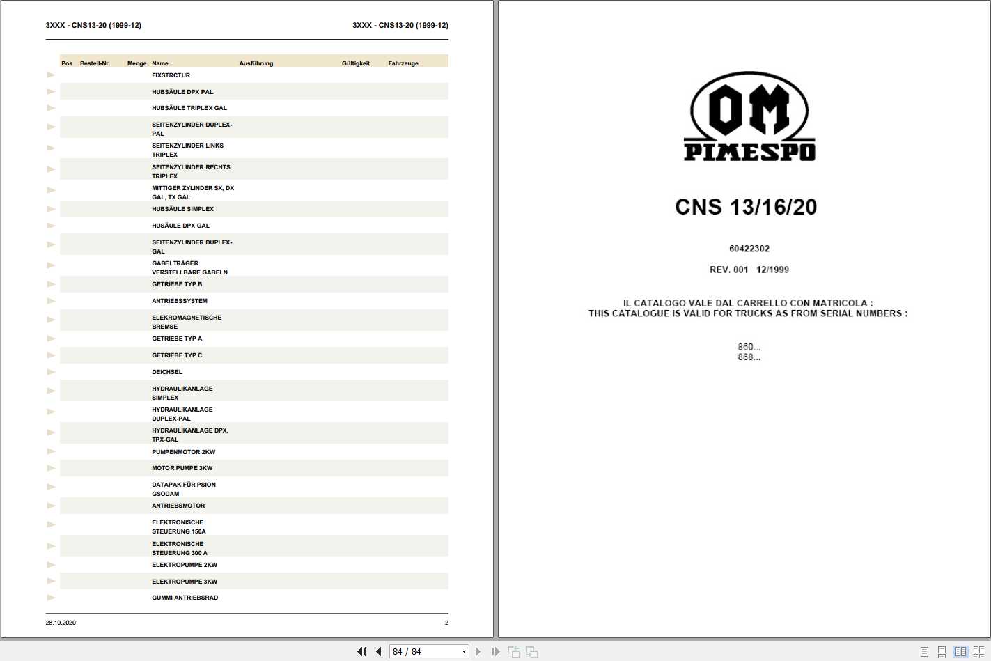 Still OM Pimespo Fork Truck CNS 13 16 20 Spare Parts List DE 1