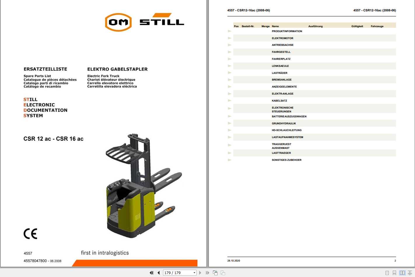Still OM Pimespo Forklift CSR12ac CSR16ac Spare Parts List DE 1