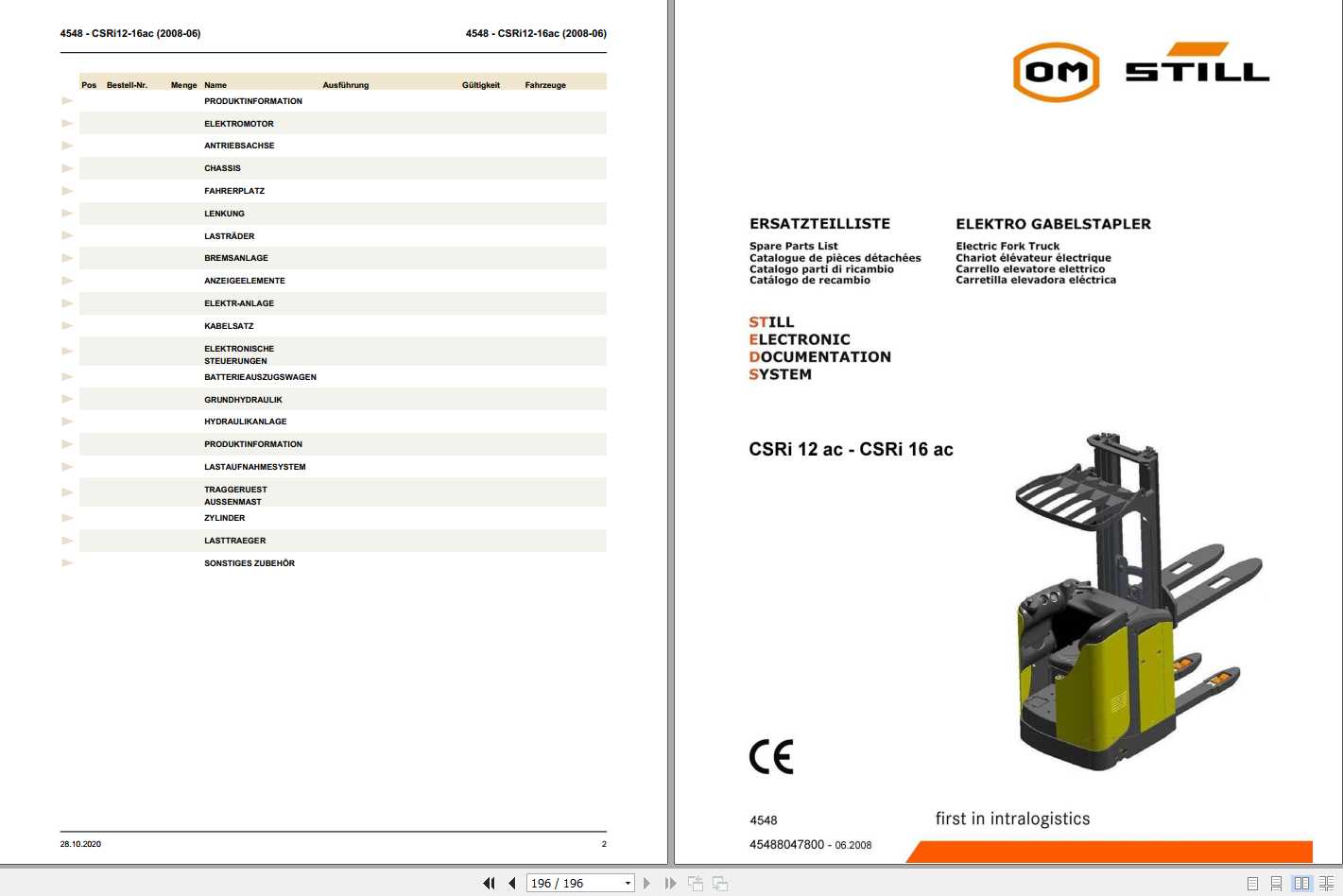 Still OM Pimespo Forklift CSRi12ac CSR16iac Spare Parts List DE 1
