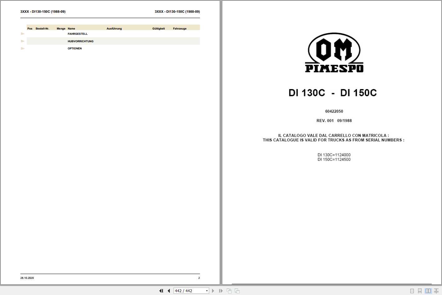 Still OM Pimespo Forklift DI130C DI150C Spare Parts List DE 1