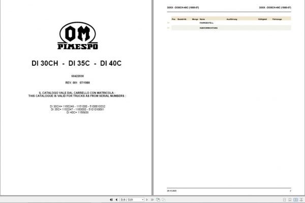 Still OM Pimespo Forklift DI30CH DI35C DI40C Spare Parts List DE 1