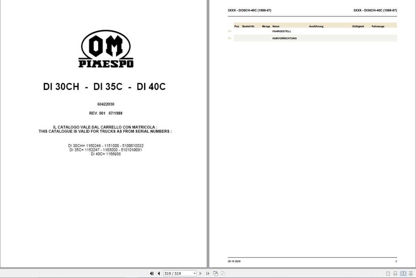 Still OM Pimespo Forklift DI30CH DI35C DI40C Spare Parts List DE 1