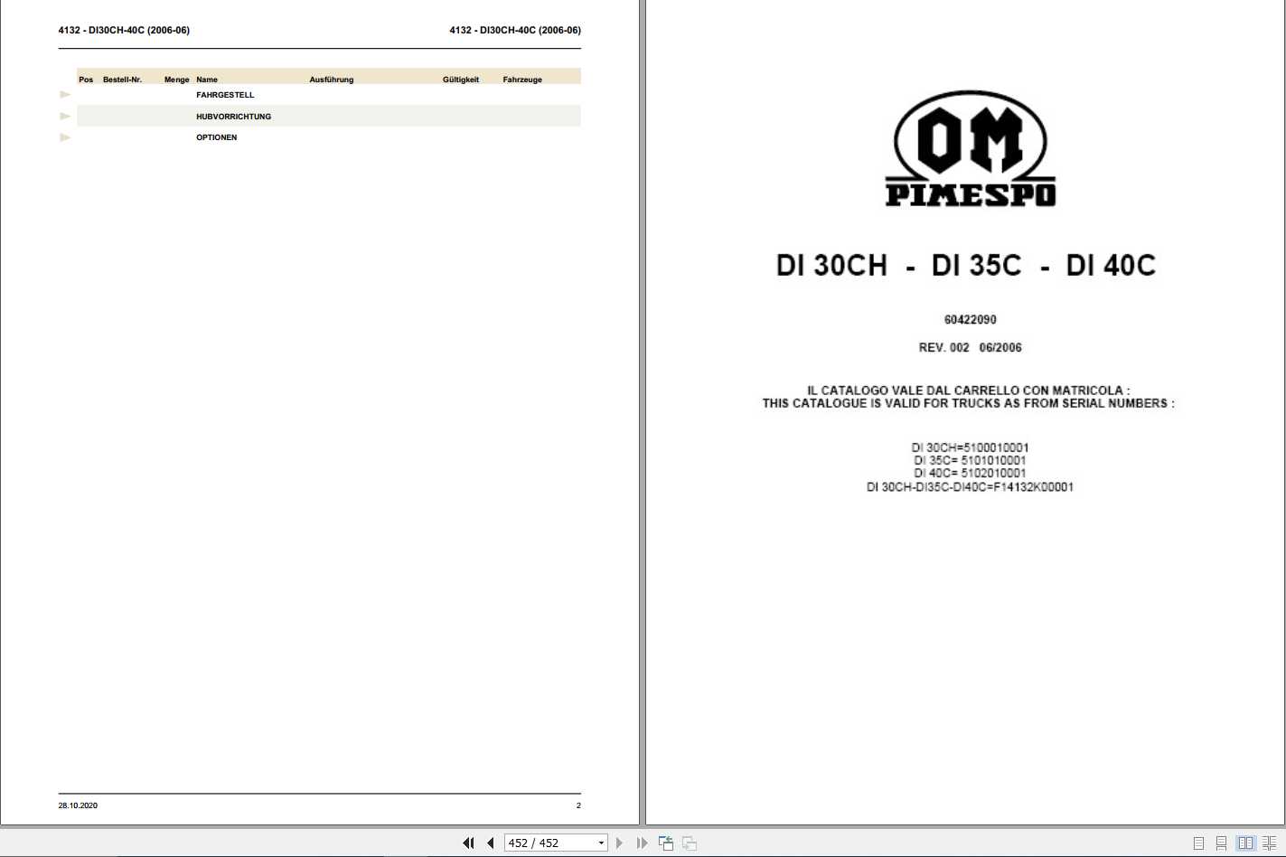 Still OM Pimespo Forklift DI30CH DI35C DI40C Spare Parts List DE 60422090 1