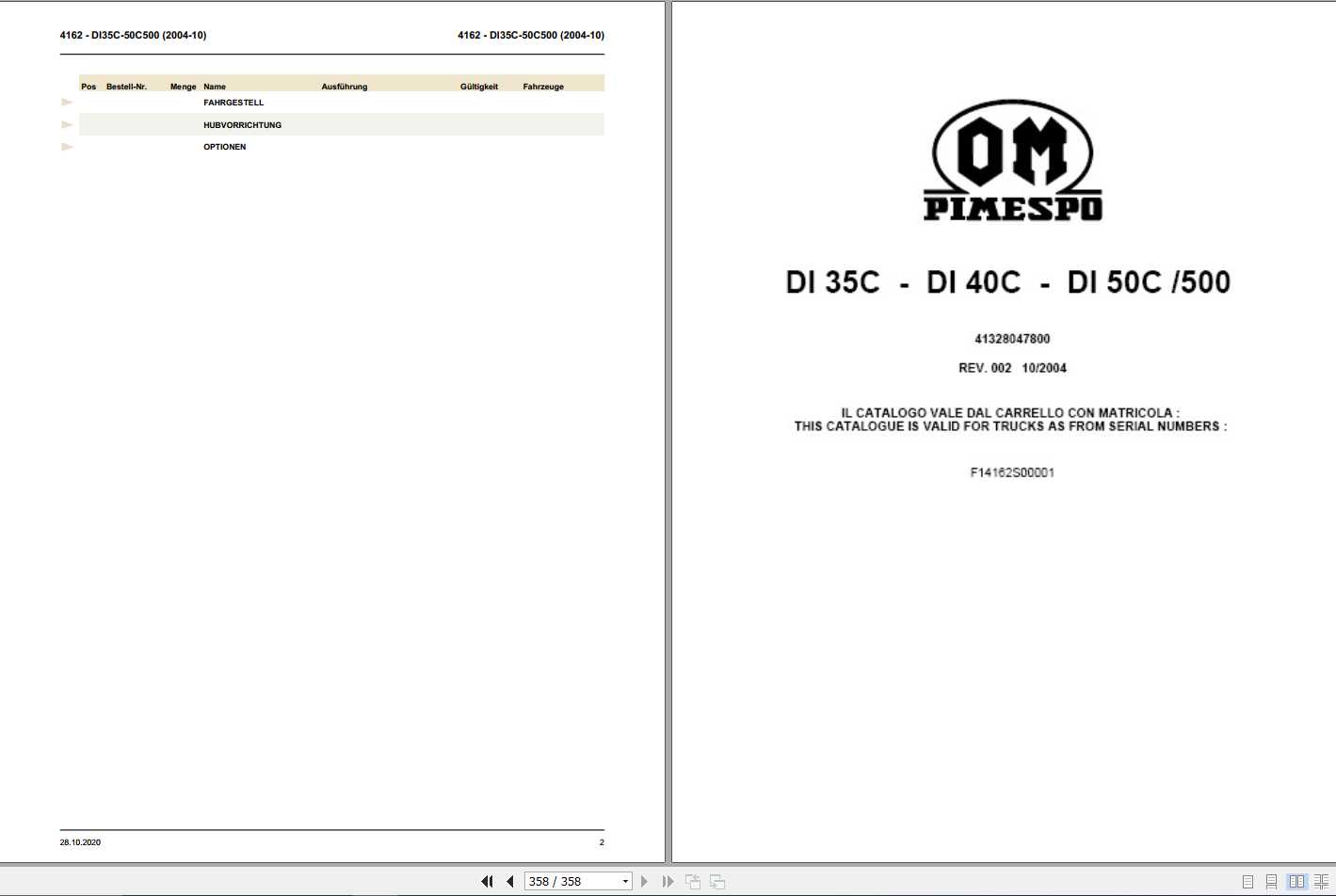 Still OM Pimespo Forklift DI35C DI40C DI50C500 Spare Parts List DE 41328047800 1