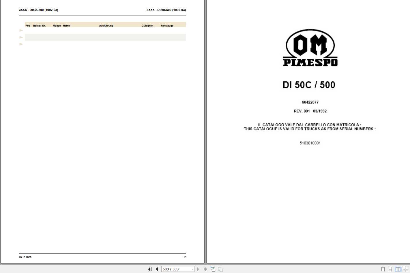 Still OM Pimespo Forklift DI50C500 Spare Parts List DE 60422077 1