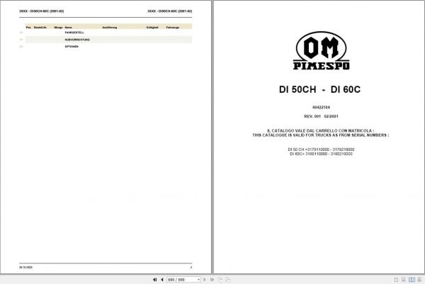 Still OM Pimespo Forklift DI50CH DI60C Spare Parts List DE 60422104 1