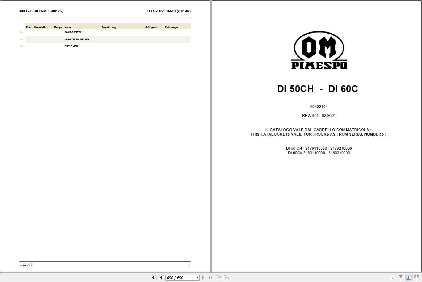 Still OM Pimespo Forklift DI50CH DI60C Spare Parts List DE 60422104 1