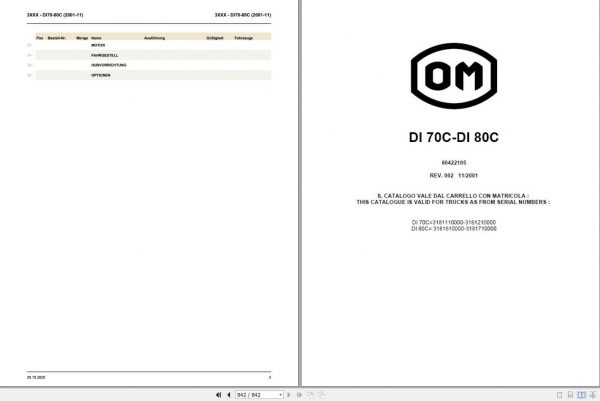 Still OM Pimespo Forklift DI70C DI80C Spare Parts List DE 60422105 1