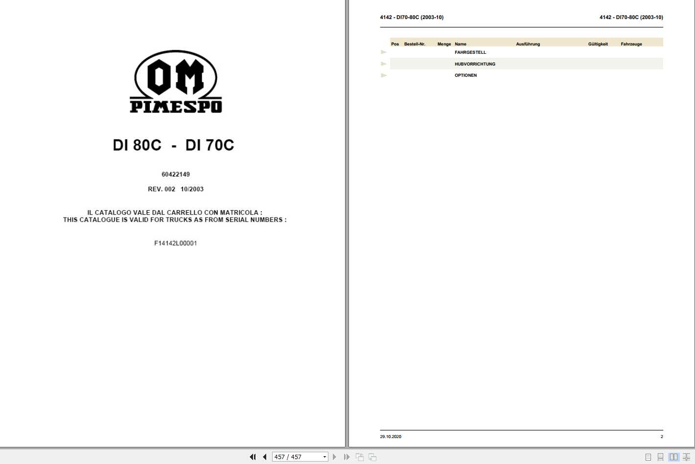 Still OM Pimespo Forklift DI70C DI80C Spare Parts List DE 60422149 1