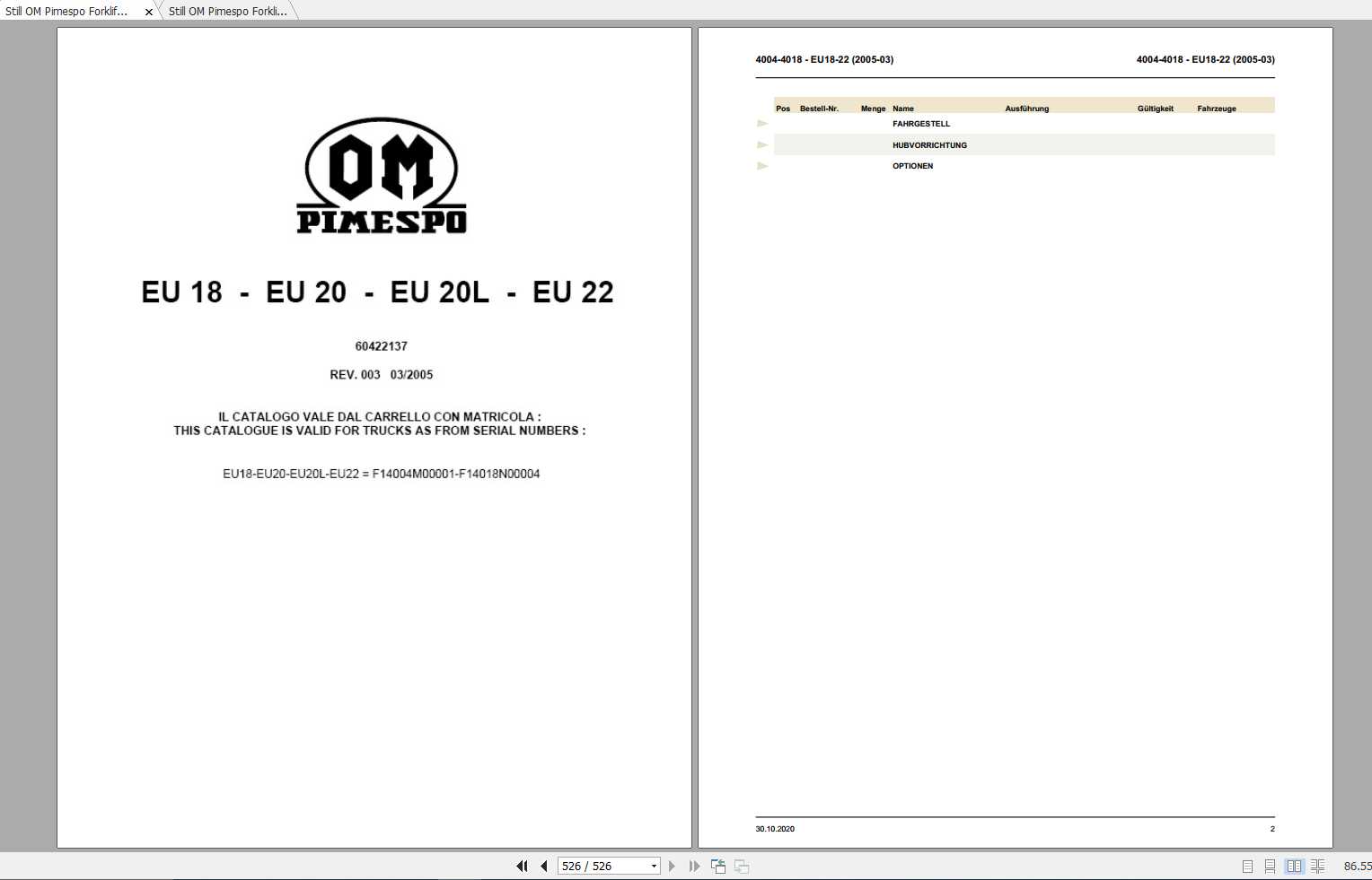 Still OM Pimespo Forklift EU18 EU20 EU20L EU22 Spare Parts List DE 1