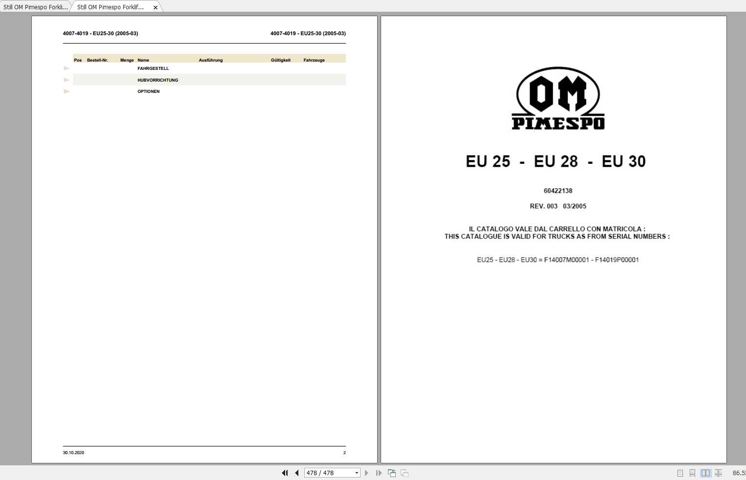 Still OM Pimespo Forklift EU25 EU28 EU30 Spare Parts List DE 1