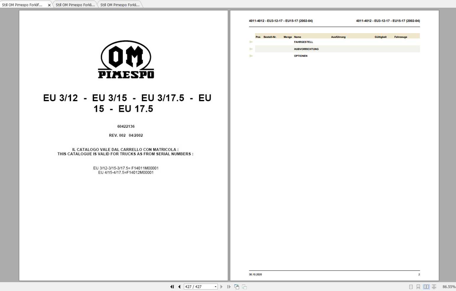 Still OM Pimespo Forklift EU3 12 175 EU15 17 Spare Parts List DE 1