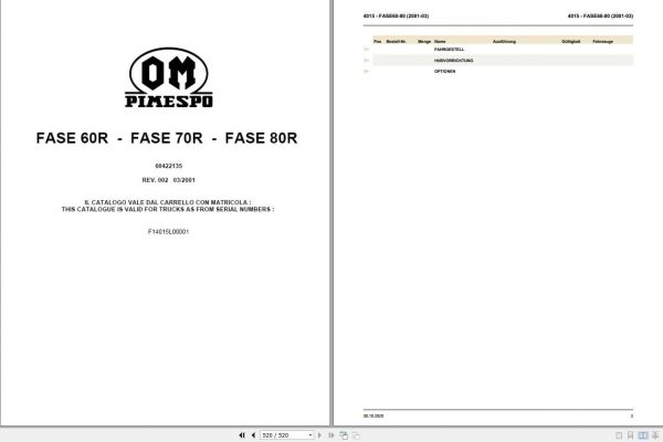 Still OM Pimespo Forklift FASE 60R FASE 70R FASE 80R Spare Parts List DE 1