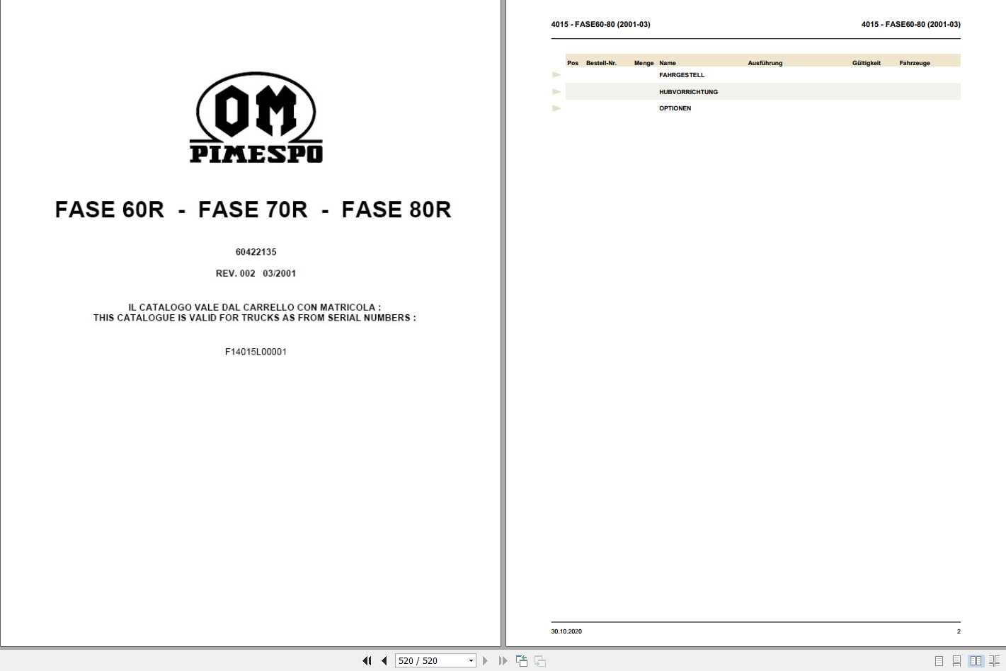 Still OM Pimespo Forklift FASE 60R FASE 70R FASE 80R Spare Parts List DE 1