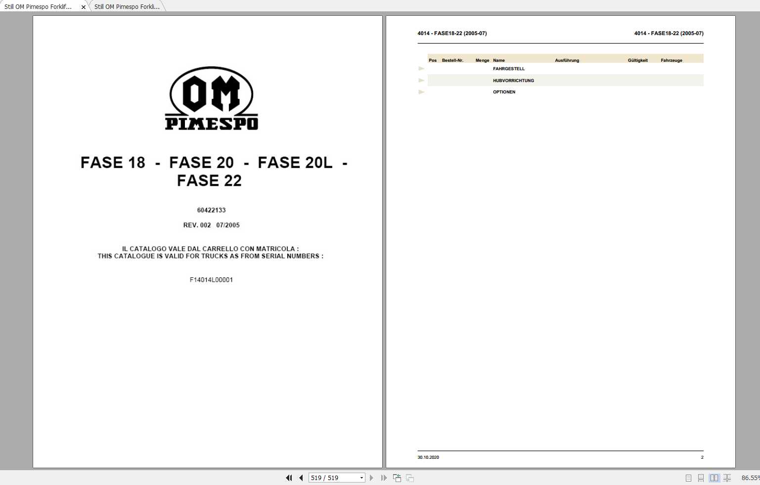 Still OM Pimespo Forklift FASE18 FASE20 FASE20L FASE22 Spare Parts List DE 1