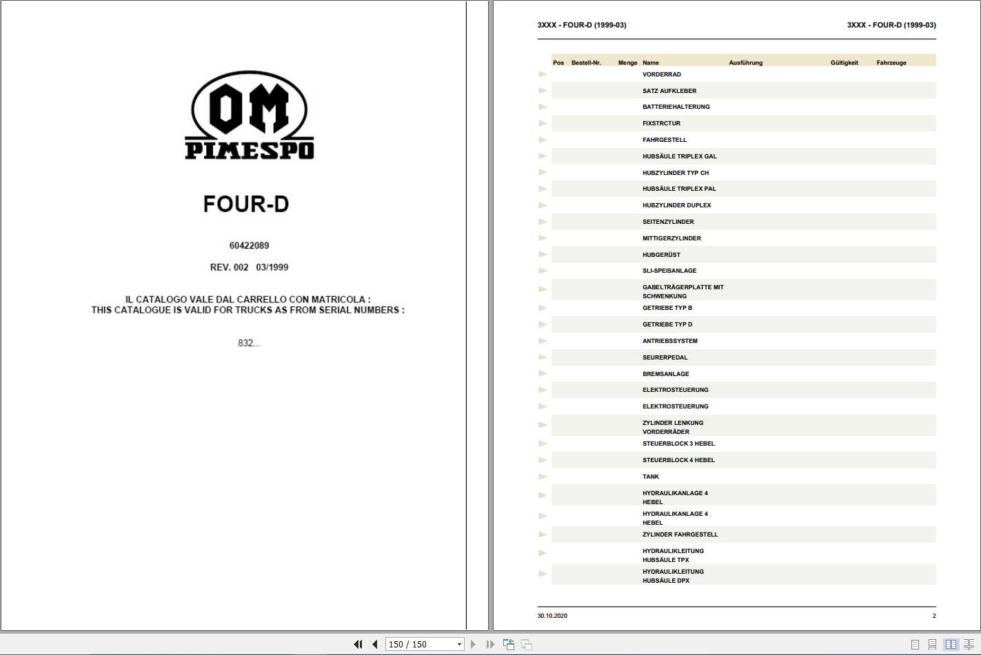 Still OM Pimespo Forklift FOUR D Spare Parts List DE 1