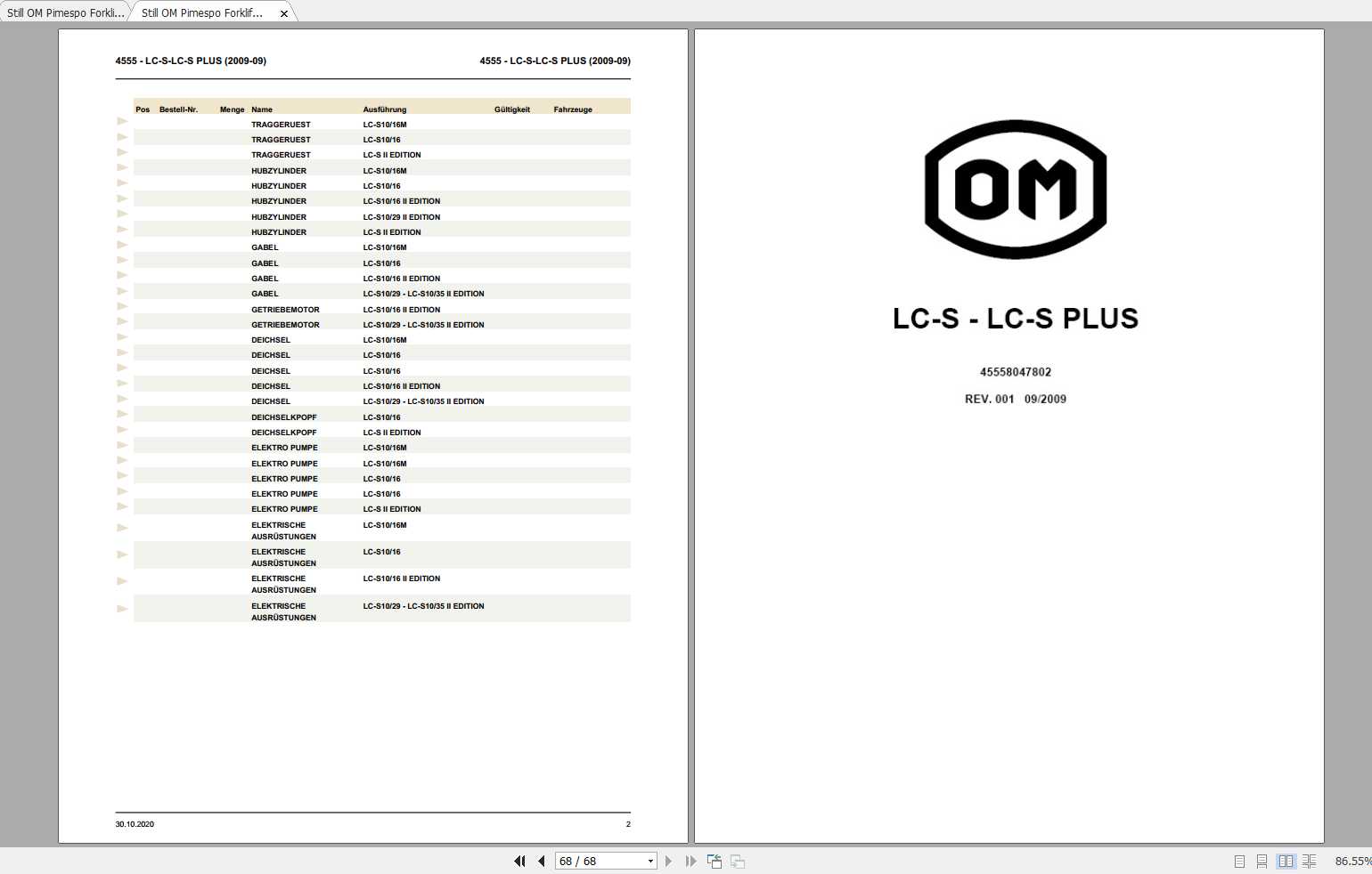 Still OM Pimespo Forklift LC T LC T Plus LC S LC S Plus Spare Parts List DE 1