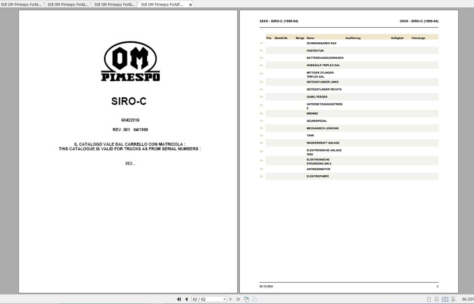Still OM Pimespo Forklift SIRO A SIRO C SIRO TA SIRO TH Spare Parts List DE 1