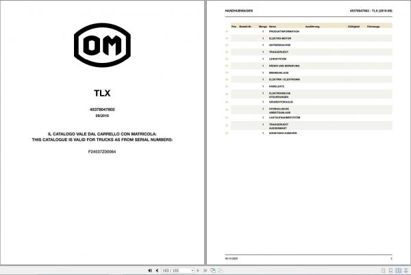 Still OM Pimespo Forklift TLX Spare Parts List DE 1