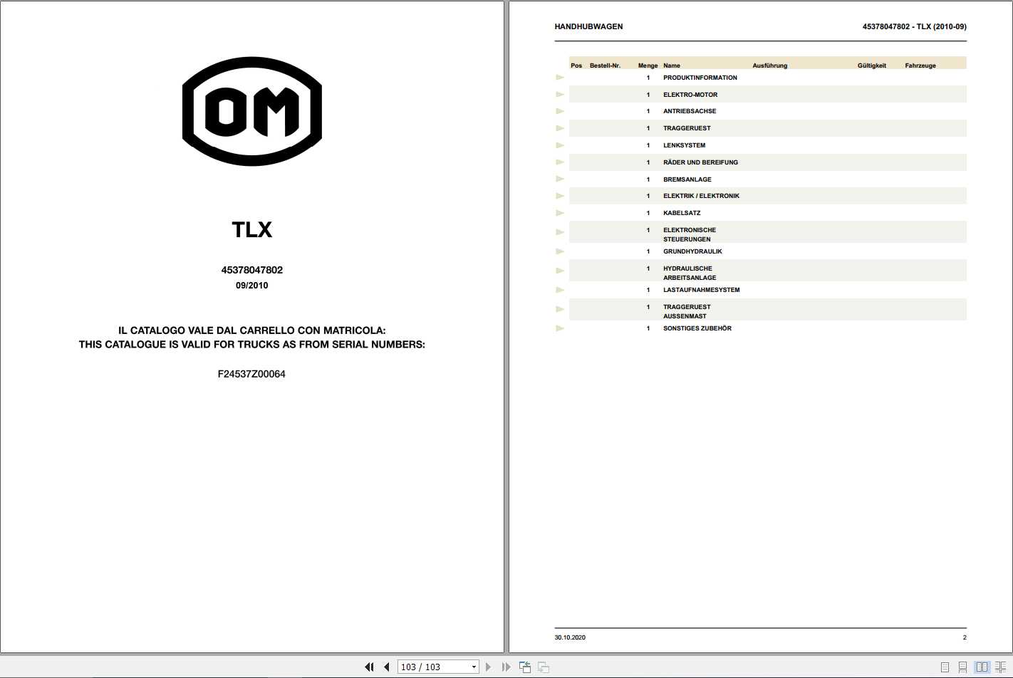 Still OM Pimespo Forklift TLX Spare Parts List DE 1