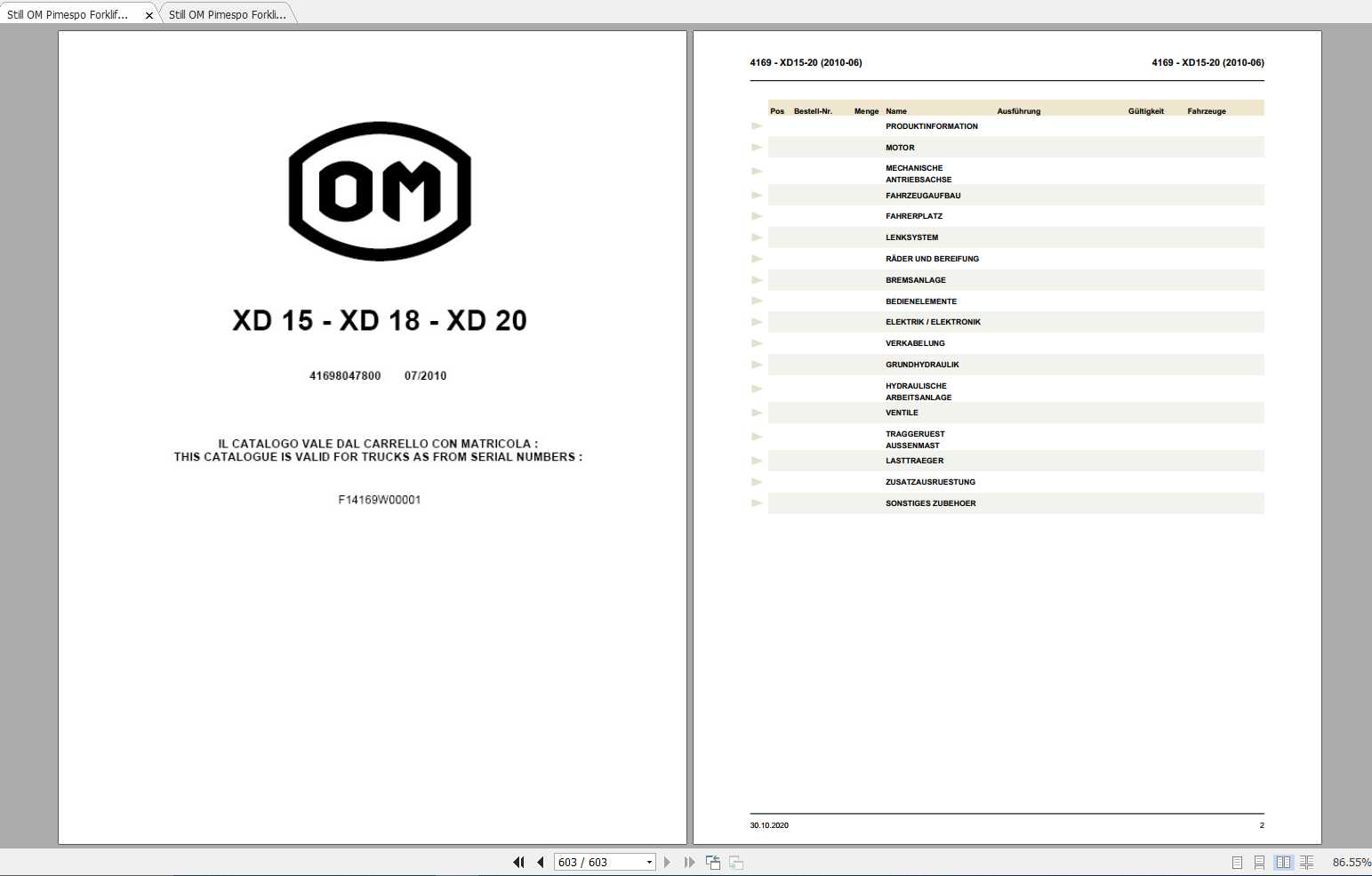 Still OM Pimespo Forklift XD15 XD18 XD20 Spare Parts Catalogue DE 1