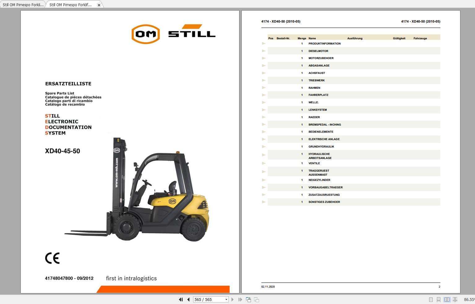 Still OM Pimespo Forklift XD40 XD45 XD50 Spare Parts Catalogue DE 1