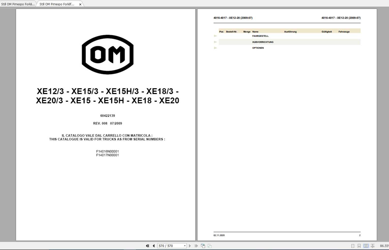 Still OM Pimespo Forklift XE12 XE20 Spare Parts List DE 1