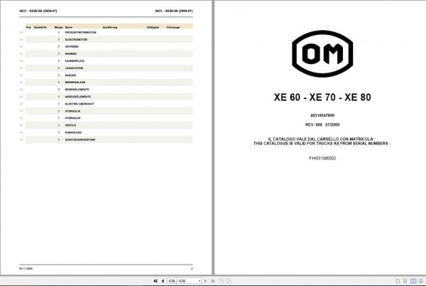 Still OM Pimespo Forklift XE60 XE70 XE80 Parts Catalogue DE 1