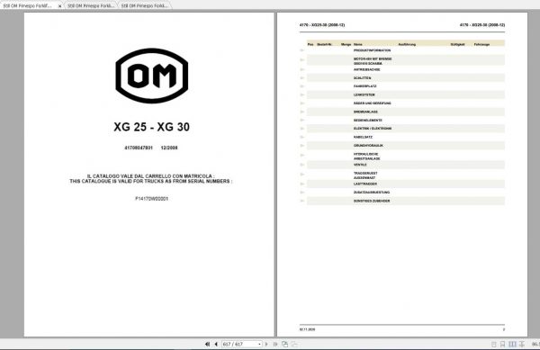 Still OM Pimespo Forklift XG25 XG30 Spare Parts List DE 1
