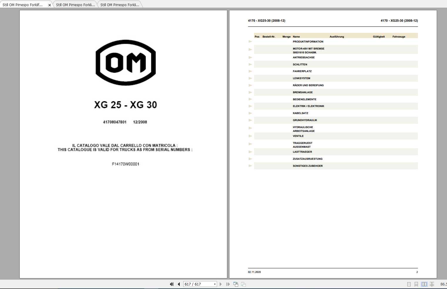 Still OM Pimespo Forklift XG25 XG30 Spare Parts List DE 1
