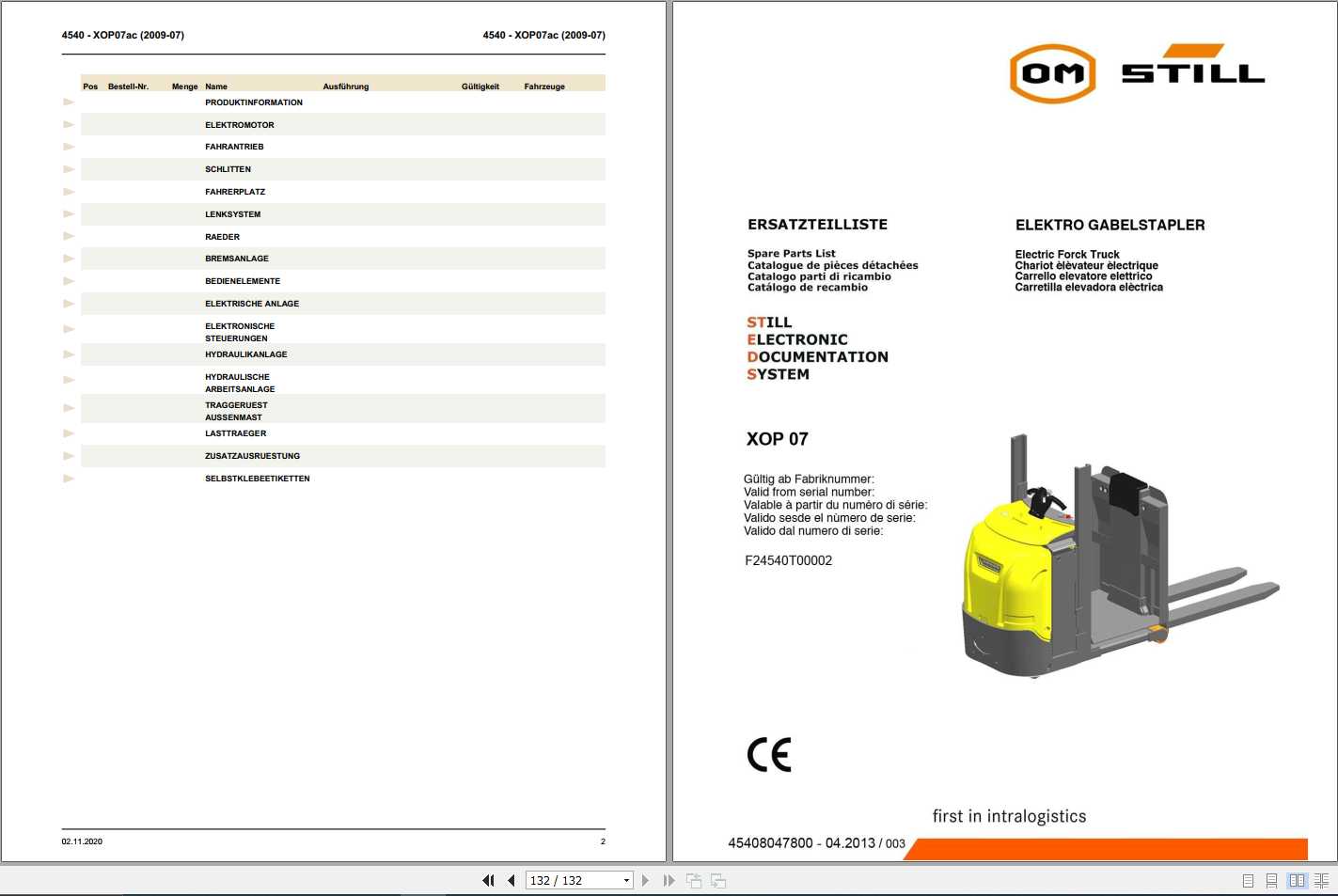Still OM Pimespo Forklift XOP07 Spare Parts List DE 1