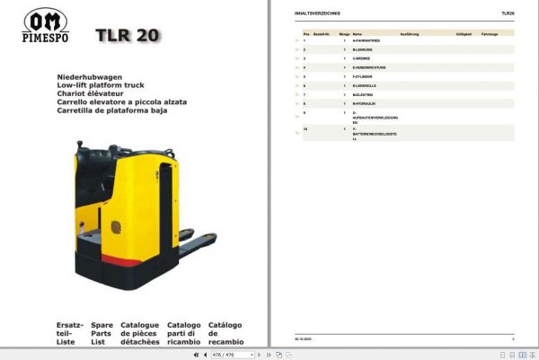 Still OM Pimespo Low Lift Platform Truck TLR20 Spare Parts List DE 1