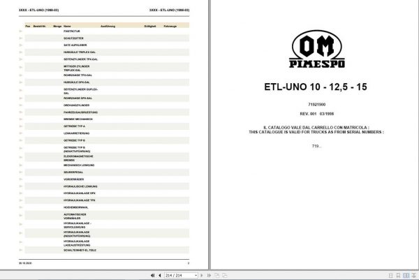 Still OM Pimespo Order Picker ETL UNO 10 125 15 Spare Parts List DE 1